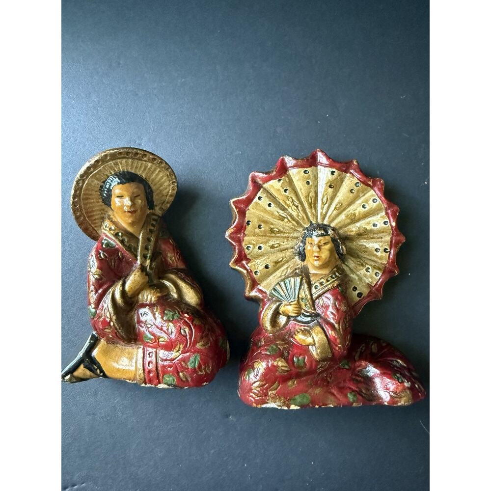 Vintage Ceramic MCM Happy Asian Couple Man Woman Figurines Red Chinese Oriental - Picture 6 of 6